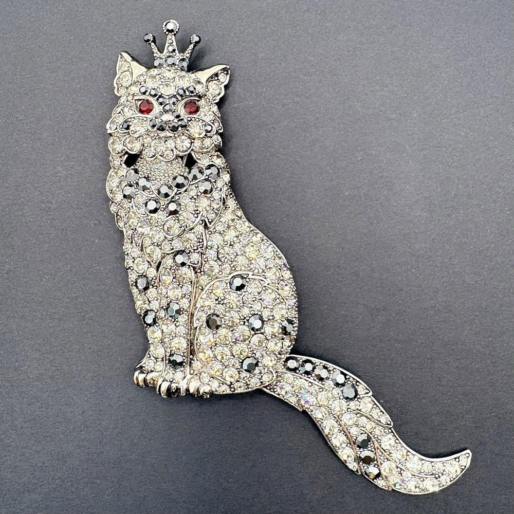 Vintage Janus Cat Brooch Articulated Tail‎ Crown Red Eyes Large Statement 5.75"